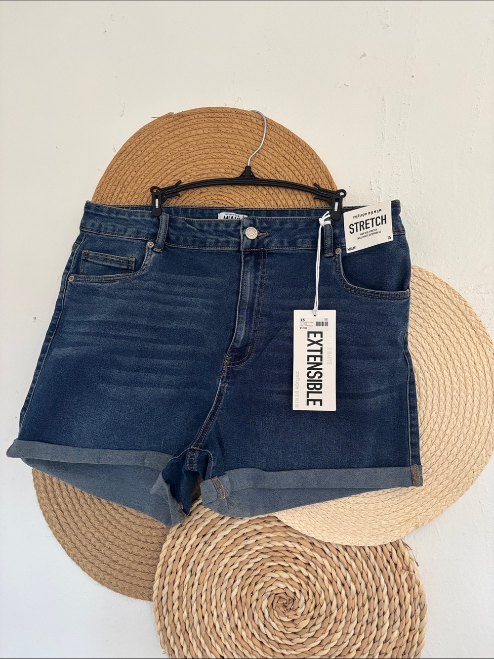 refuge Dark Blue Stretch Denim Rolled-Hem Shorts